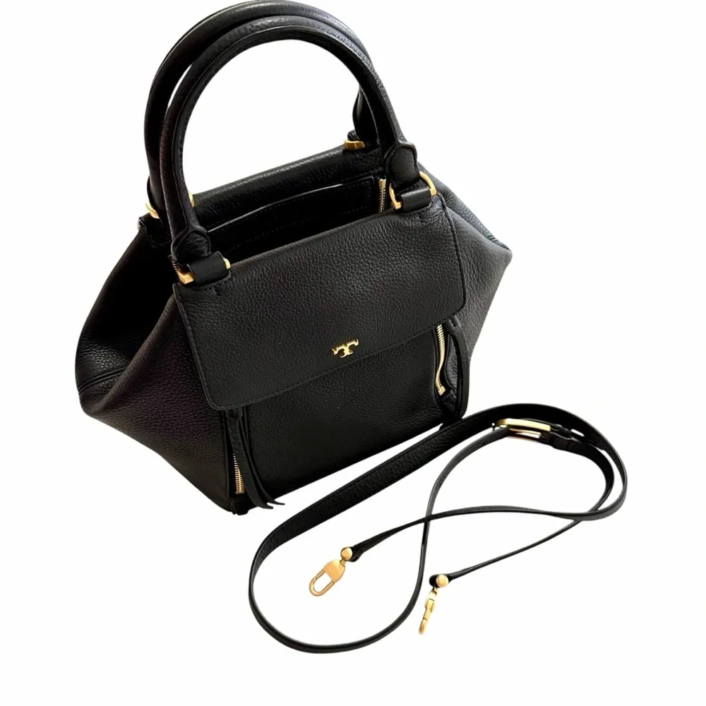 Tory Burch Black Half Moon Pebbled Leather Sachel Bag Gold Hardware Crossbody - Picture 2 of 16
